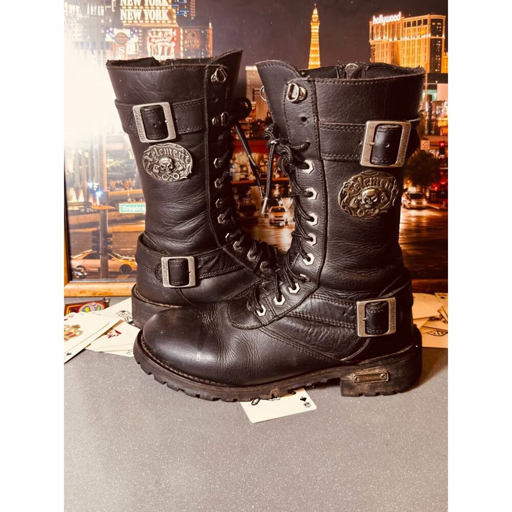 Xelement Women’s Black Leather Skull Harness Biker Combat Boots Sz 8.5
